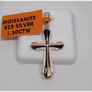 New W/Tag 1.50CTW Moissanite 18K Rose Gold Vermeil Cross+Chain 16-17in. Adjusted